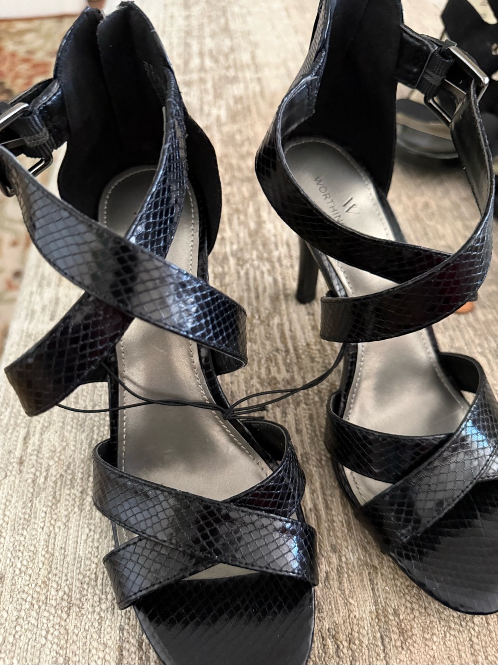 Worthington Black Snake-Embossed Strappy High Heels